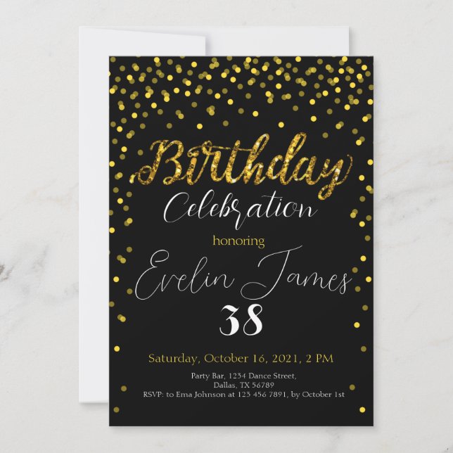 Invitación Golden Confetti Invitation, Gold Birthday Party  (Anverso)