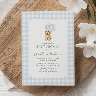 Invitación Golden Doodle Blue Gingham Baby Shower
