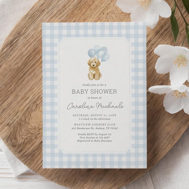 Invitación Golden Doodle Blue Gingham Baby Shower (Subido por el creador)