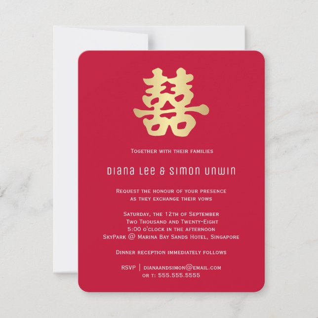 Invitación Golden Double Happiness Oriental | BODA (Anverso)