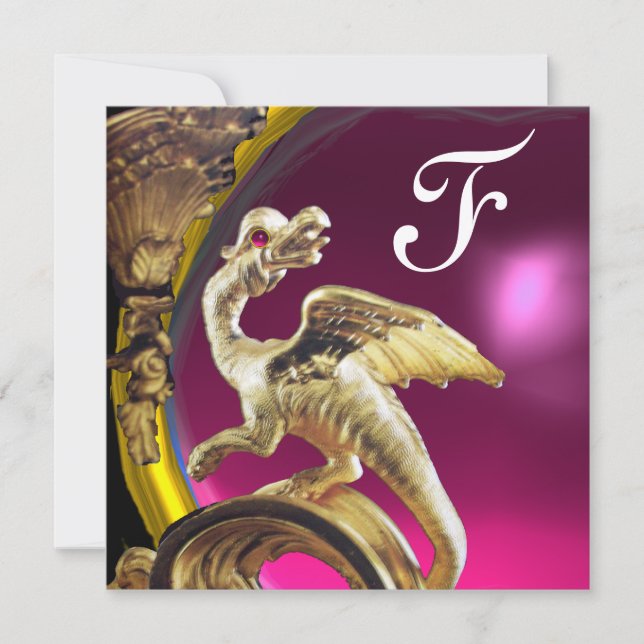 Invitación GOLDEN DRAGON PINK FUCHSIA AMETHYST Monogram Gold (Anverso)