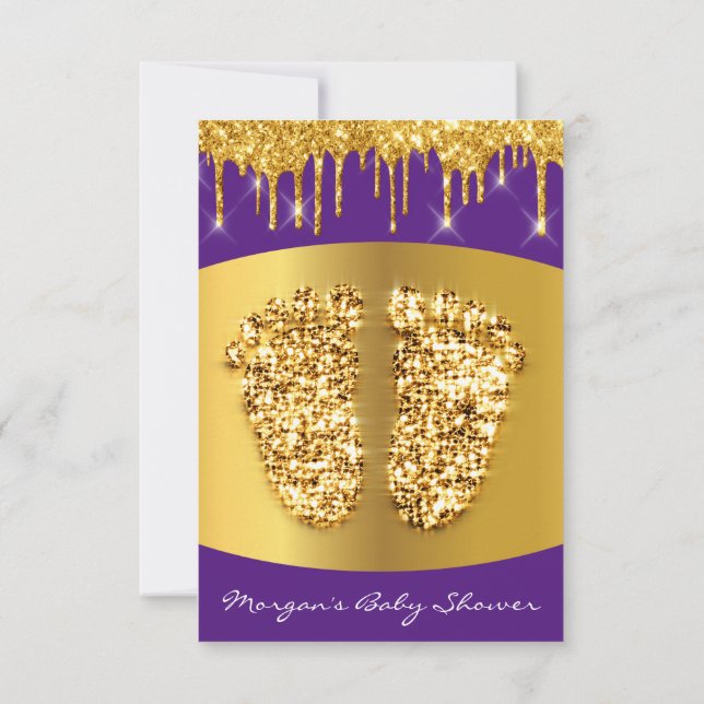 Invitación Golden Drips Royal Blue Baby Shower Feet Purple (Reverso)