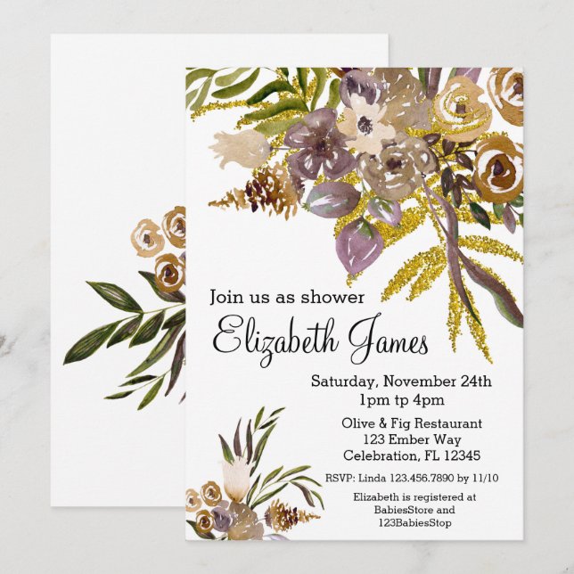 Invitación Golden Elegance Fall Floral Baby Shower (Anverso / Reverso)