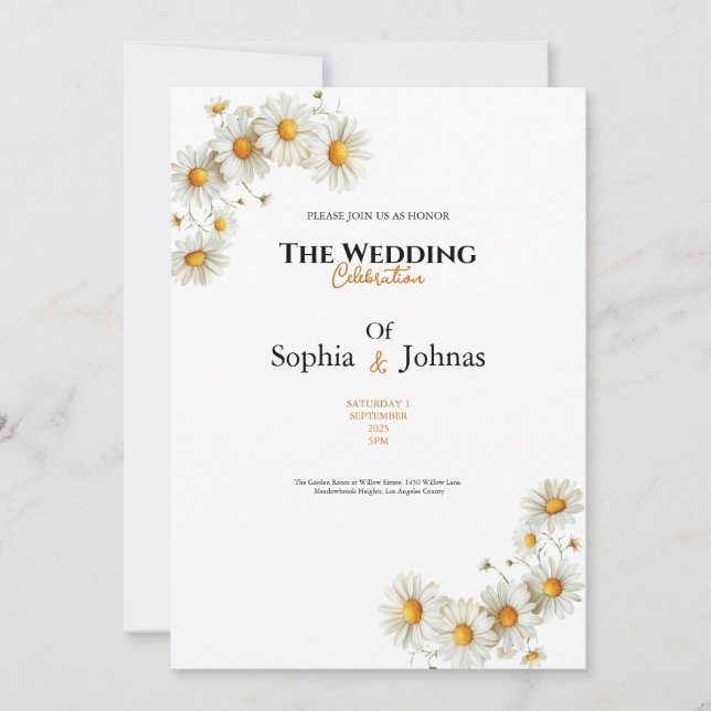 Invitación golden elegant daisy flower wedding invitation (Anverso)