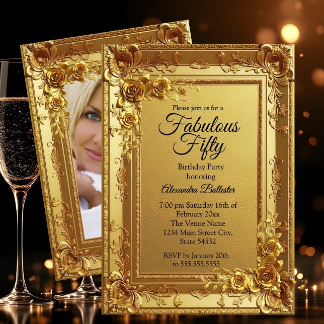 Invitación Golden Fabulous Elegant Birthday Photo Gold Floral (Subido por el creador)