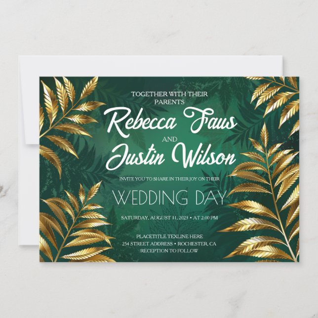 Invitación Golden fern arrangement wedding (Anverso)