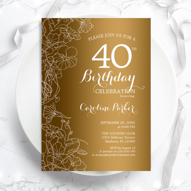 Invitación Golden Floral 40.º Fiesta de cumpleaños (Subido por el creador)