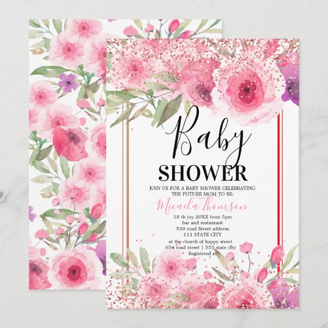 Invitación Golden floral cake for baby shower (Anverso / Reverso)