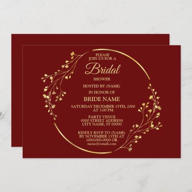 Invitación Golden Floral Geometric Wreath Red Bridal Shower (Anverso / Reverso)