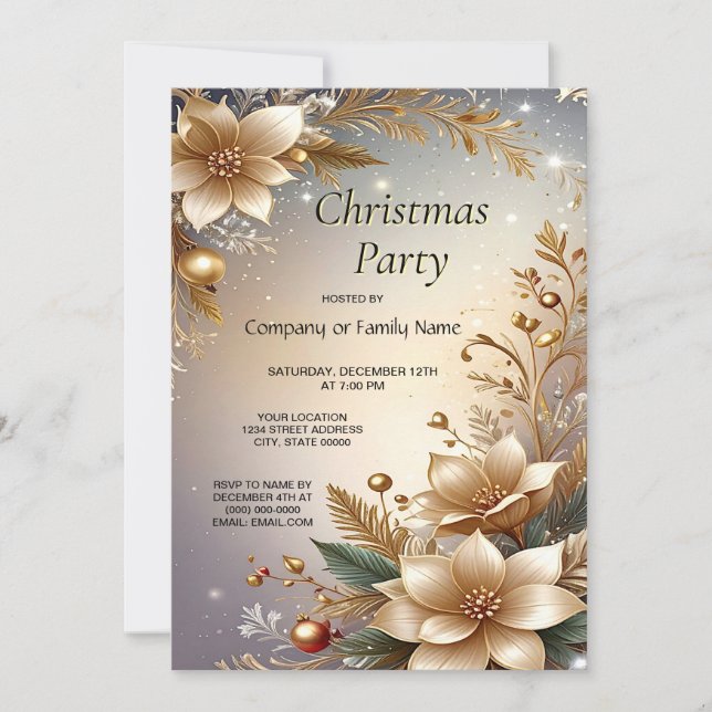 Invitación Golden Floral Holiday Party Invitation (Anverso)