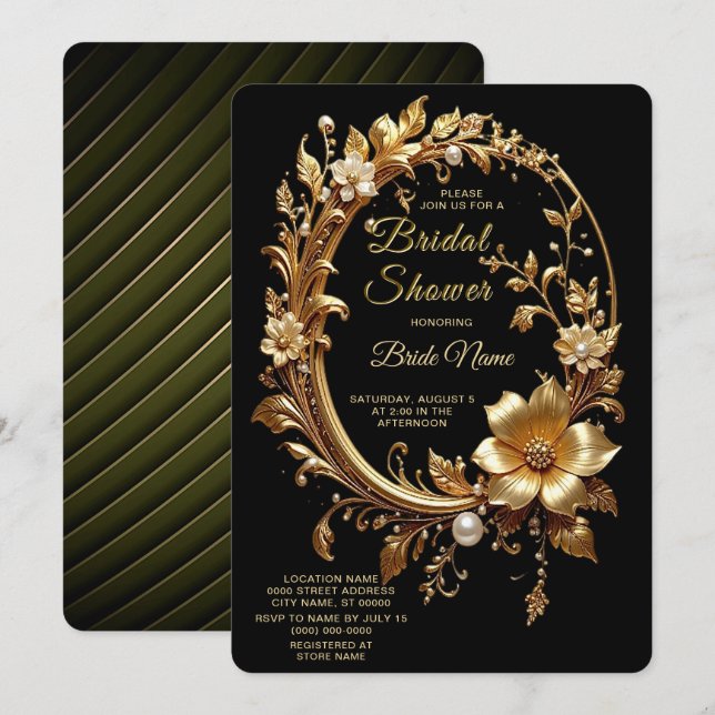 Invitación Golden Floral Ornate Frame Bridal Shower (Anverso / Reverso)
