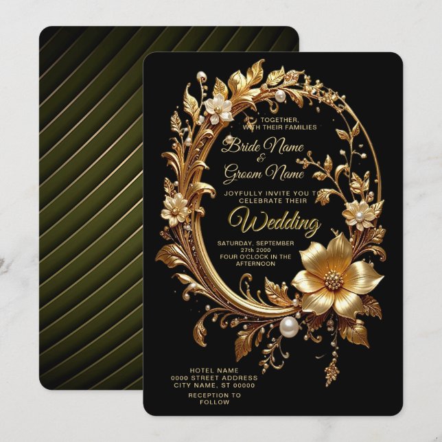 Invitación Golden Floral Ornate Frame Wedding Invitation (Anverso / Reverso)