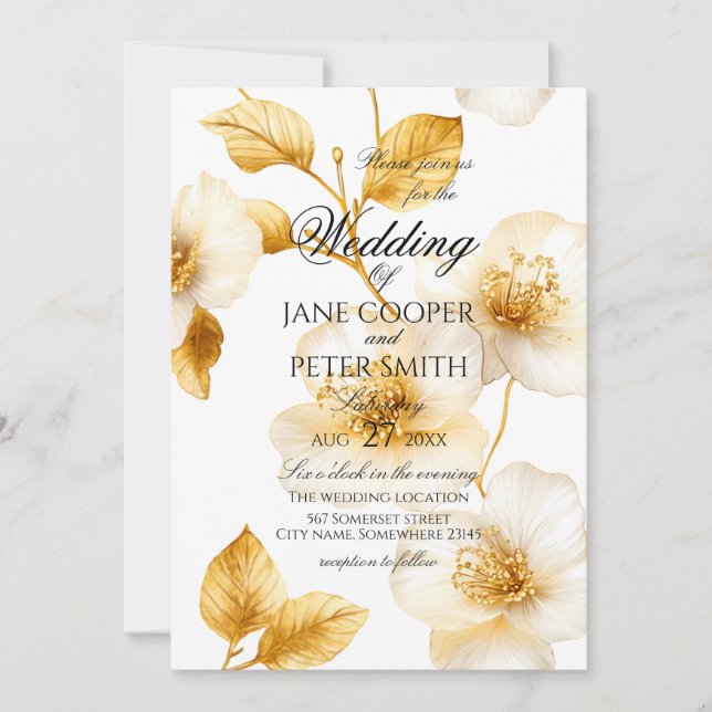 Invitación Golden flowers floral Wedding Invitation (Anverso)
