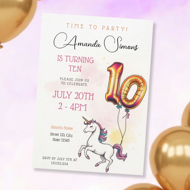 Invitación Golden Foil Balloon Unicorn Girl 10th Birthday (Subido por el creador)