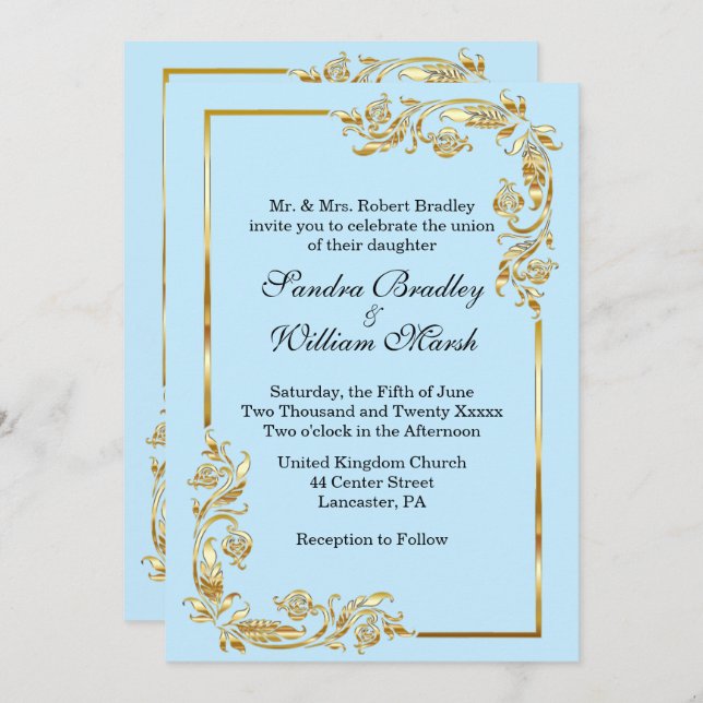 Invitación Golden Frame Traditional Blue Invitation (Anverso / Reverso)
