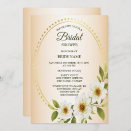 Invitación Golden Frame White Floral Peach Bridal Shower