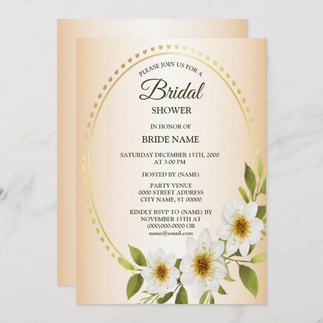 Invitación Golden Frame White Floral Peach Bridal Shower (Anverso / Reverso)