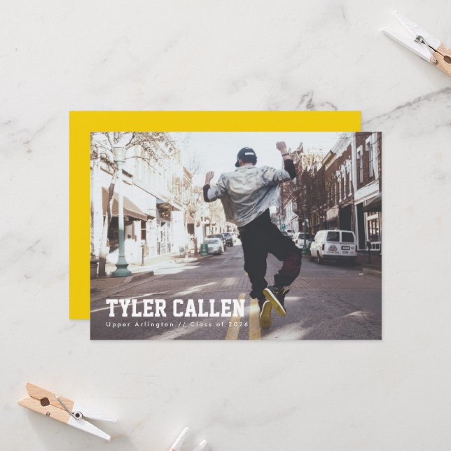 Invitación Golden Full Photo Varsity with Text-only Backer (Anverso/Reverso In Situ)