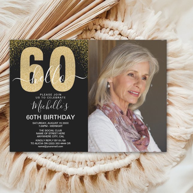 Invitación Golden Glitter "Hello 60" Photo Birthday Women (Subido por el creador)