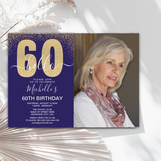 Invitación Golden Glitter "Hello 60" Photo Birthday Women (Subido por el creador)
