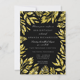 Invitación Golden Glitter Leafs Floral Frame Black Glam Bithd