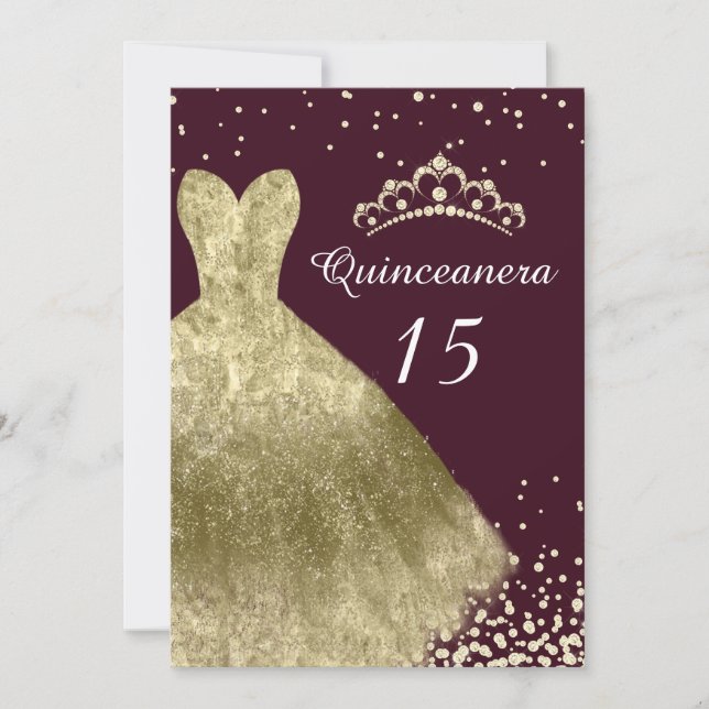 Invitación Golden Gown Burgundy Back Quinceanera Fiesta 15 (Anverso)