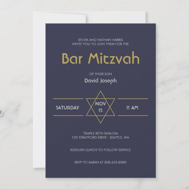 Invitación Golden Magen azul marino David Bar Mitzvah (Anverso)