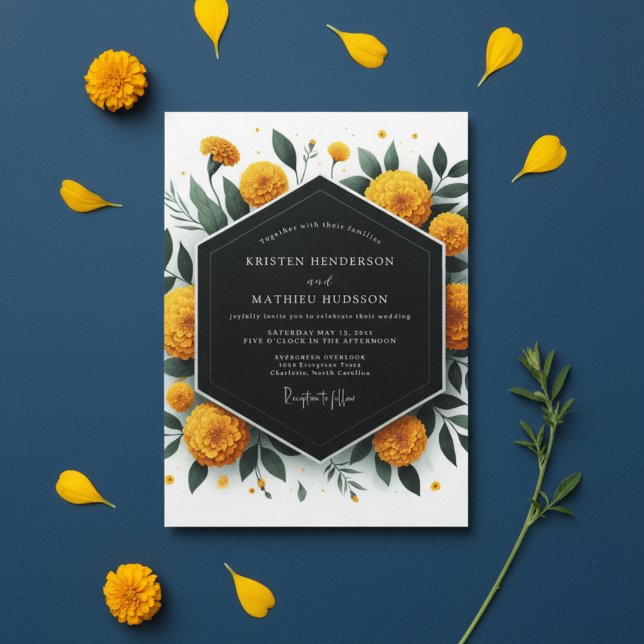 Invitación Golden Marigold Botanical Romance Wedding (Subido por el creador)