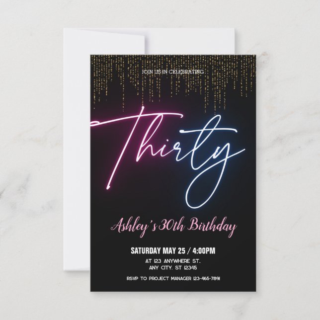 Invitación Golden Neon Háblame Fiesta del cumpleaños 30 (Anverso)