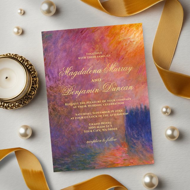 Invitación Golden Orange Purple Sunset Sky Monet Art Wedding (Subido por el creador)