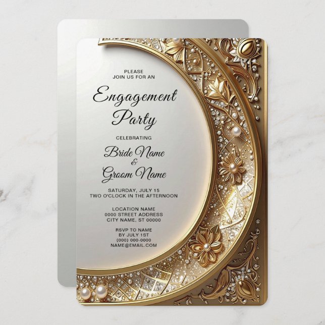 Invitación Golden Ornate Frame Engagement Invitation (Anverso / Reverso)