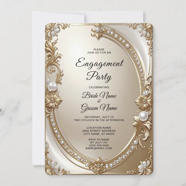 Invitación Golden Ornate Frame with Pearls Engagement (Anverso)