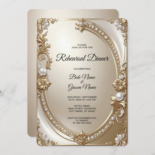 Invitación Golden Ornate Frame with Pearls Rehearsal Dinner (Anverso / Reverso)