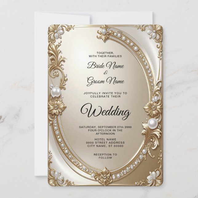 Invitación Golden Ornate Frame with Pearls Wedding Invitation (Anverso)