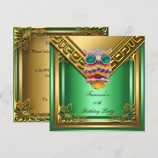 Invitación Golden Owl Elite Elegant Birthday Party Green (Anverso / Reverso)