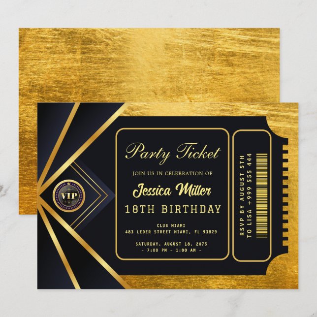 Invitación Golden Party Ticket Invitation (Anverso / Reverso)