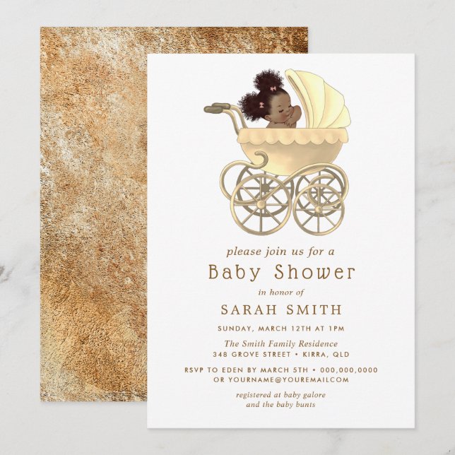 Invitación Golden Pram Cute Baby Gold Baby Shower (Anverso / Reverso)