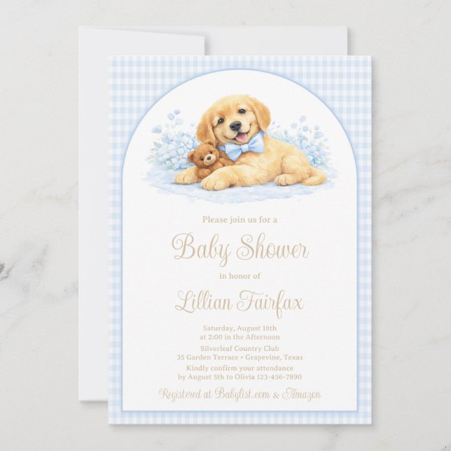 Invitación Golden Puppy Baby Shower Invitation for Boy – Blue (Anverso)