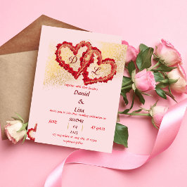 Invitación Golden red hearts wedding invitation