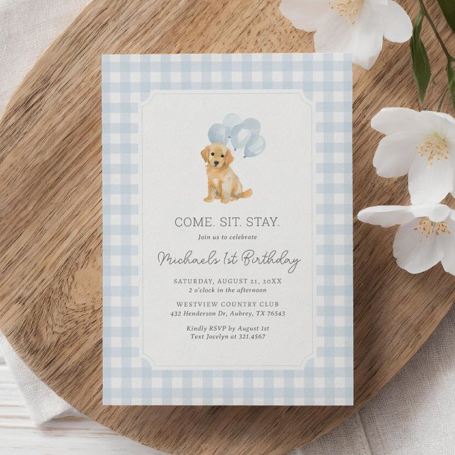 Invitación Golden Retriever Blue Gingham Birthday (Subido por el creador)