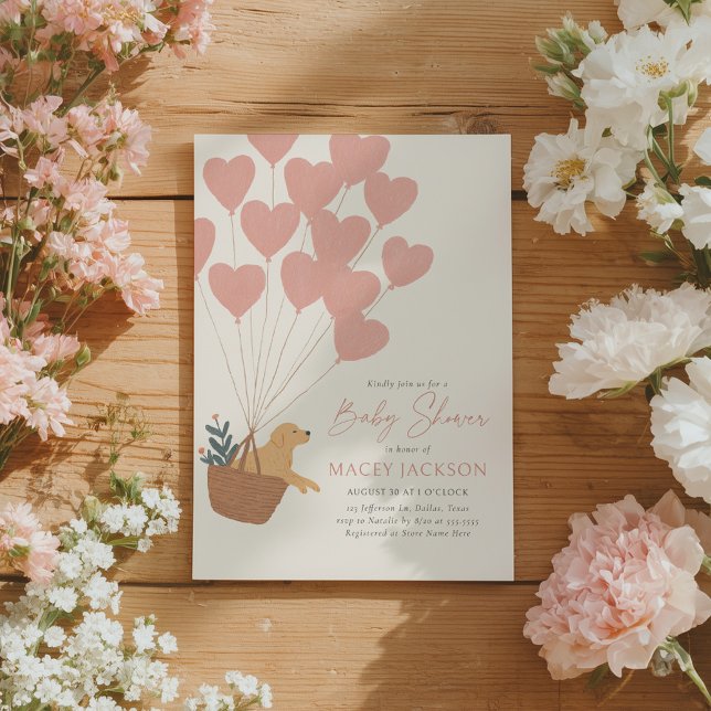 Invitación Golden Retriever con Baby Shower de globos rosados (Subido por el creador)
