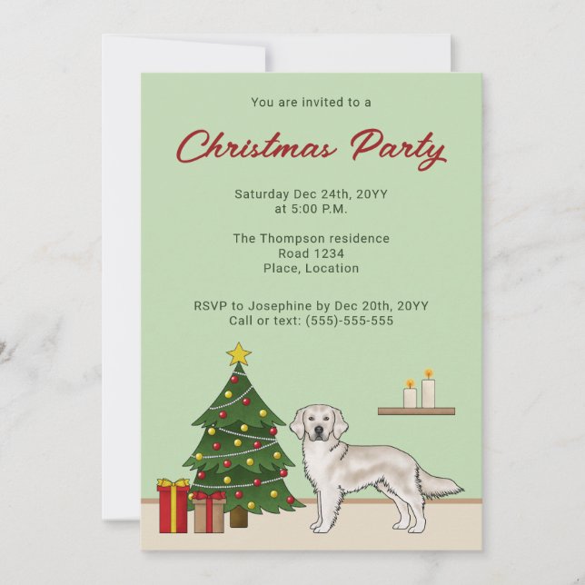 Invitación Golden Retriever Crema Inglés con árbol de Navidad (Anverso)