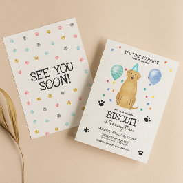 Invitación Golden Retriever Dog Pawty Puppy Birthday Blue
