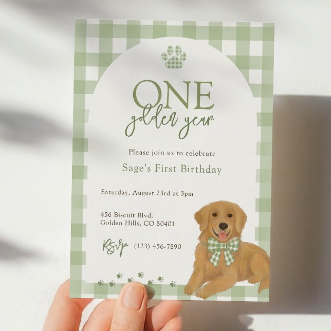 Invitación Golden Retriever First Birday Party Green (Subido por el creador)