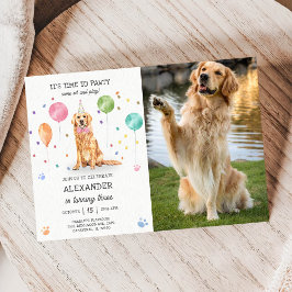 Invitación Golden Retriever Pawty Dog Puppy Birthday Blue