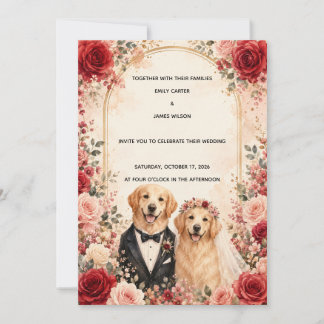 Invitación Golden Retriever personalizado de rosa roja y rosa