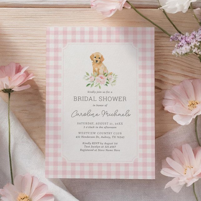 Invitación Golden Retriever Pink Gingham Bridal Shower (Subido por el creador)