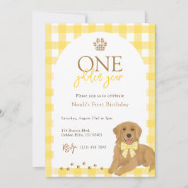 Invitación Golden Retriever Yellow Gingham First Birday