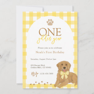 Invitación Golden Retriever Yellow Gingham First Birday