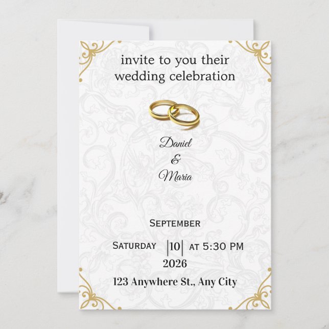 Invitación Golden Rings Beige Floral Custom Wedding  (Anverso)